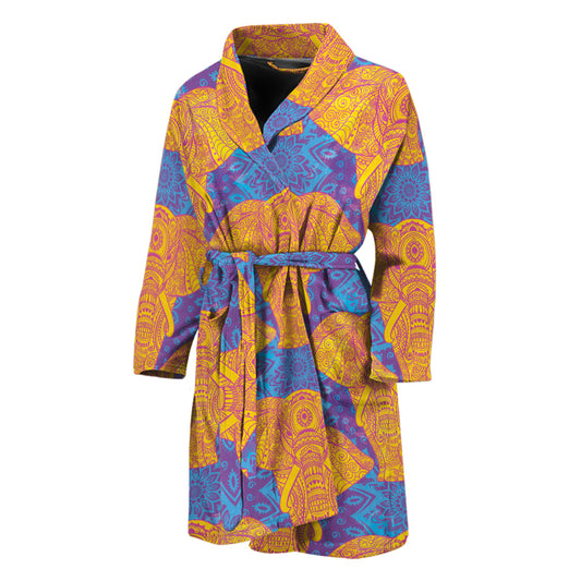 Yellow Mandala Elephant Pattern Print Men's Bathrobe