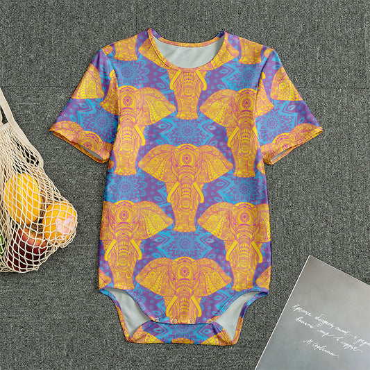 Yellow Mandala Elephant Pattern Print Men's Bodysuit