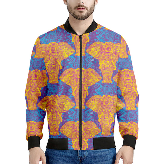 Yellow Mandala Elephant Pattern Print Men's Bomber Jacket