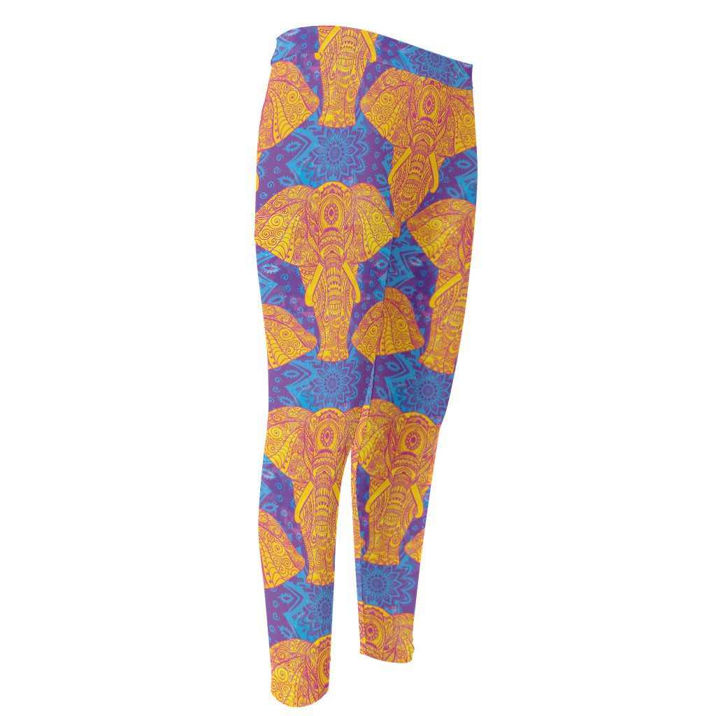 Yellow Mandala Elephant Pattern Print Men's Compression Pants