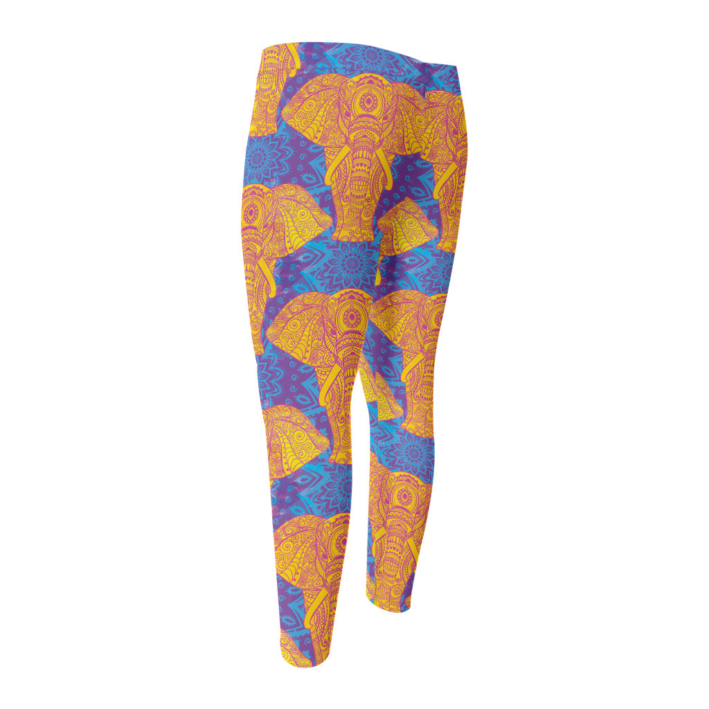 Yellow Mandala Elephant Pattern Print Men's Compression Pants