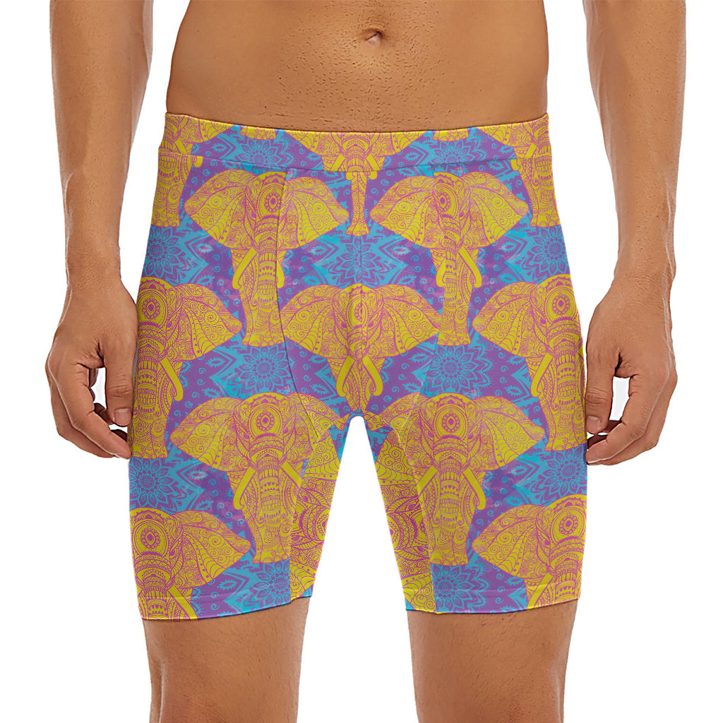 Yellow Mandala Elephant Pattern Print Men's Long Boxer Briefs
