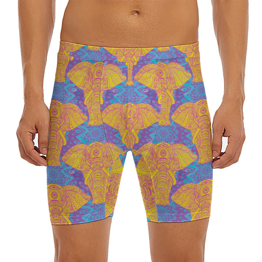 Yellow Mandala Elephant Pattern Print Men's Long Boxer Briefs