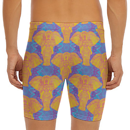 Yellow Mandala Elephant Pattern Print Men's Long Boxer Briefs