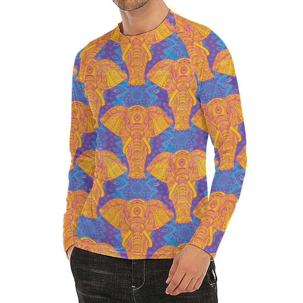 Yellow Mandala Elephant Pattern Print Men's Long Sleeve Rash Guard