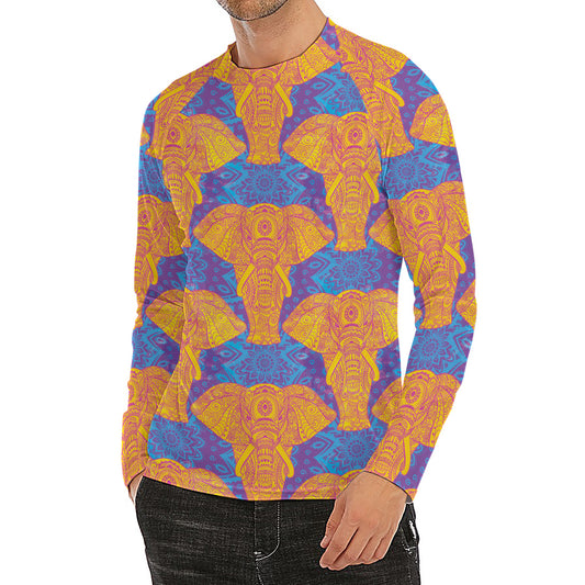 Yellow Mandala Elephant Pattern Print Men's Long Sleeve Rash Guard