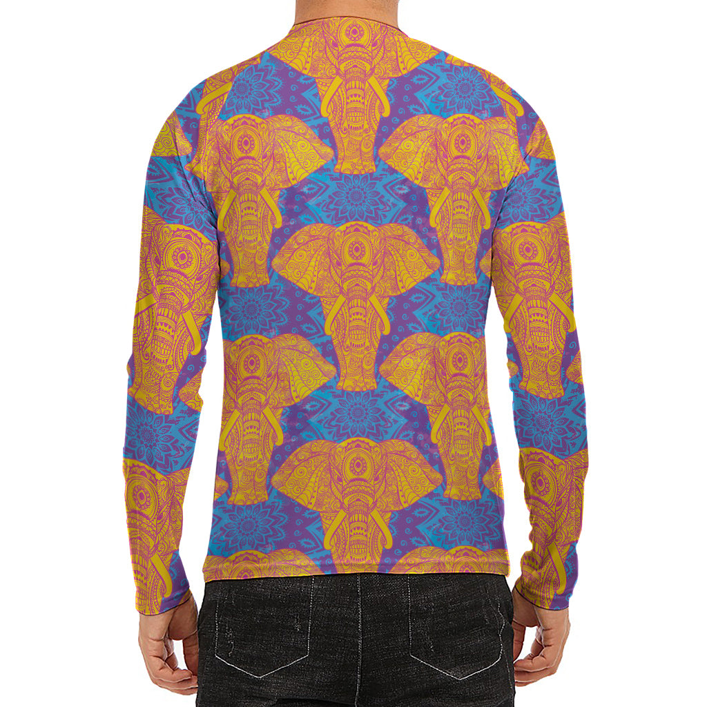 Yellow Mandala Elephant Pattern Print Men's Long Sleeve Rash Guard