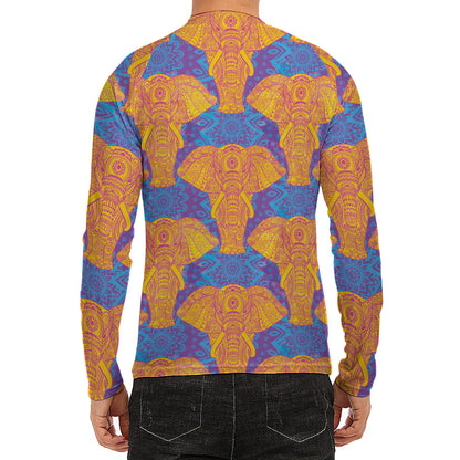 Yellow Mandala Elephant Pattern Print Men's Long Sleeve Rash Guard