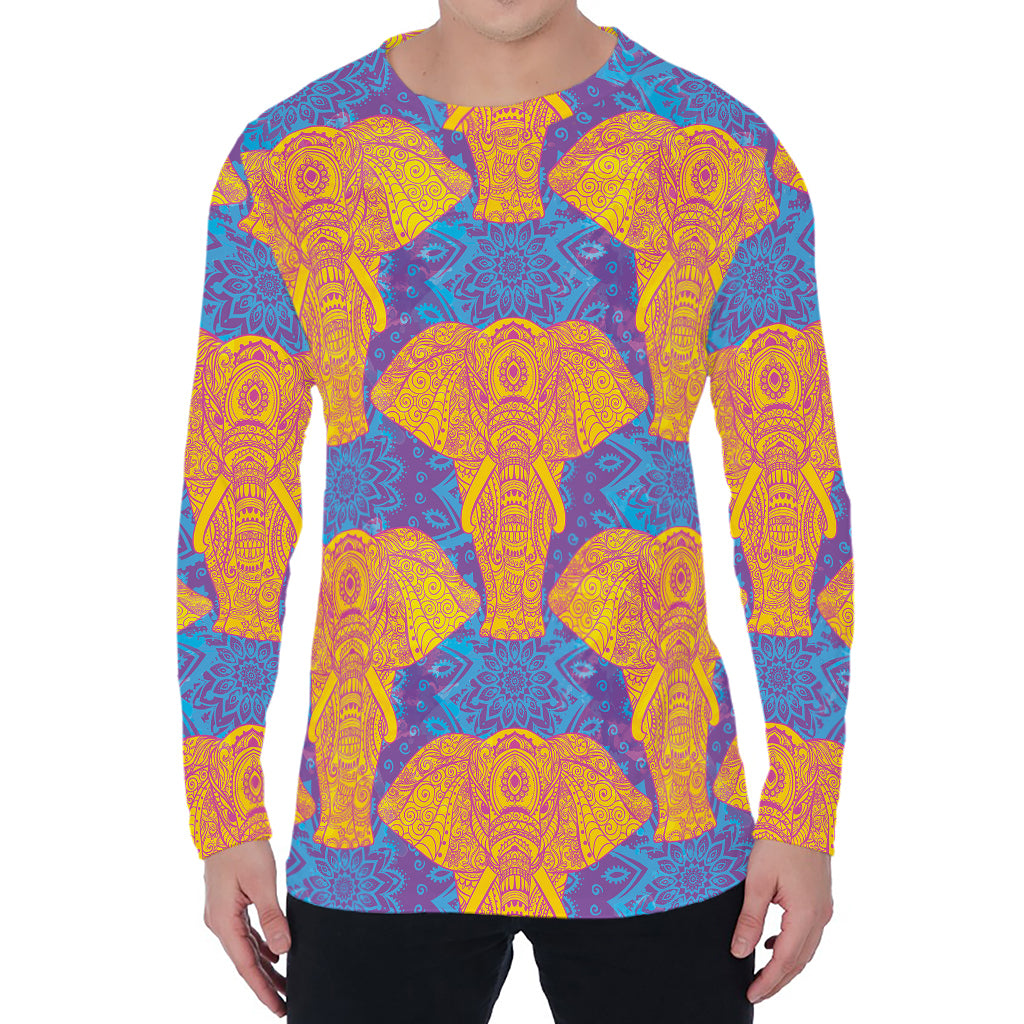 Yellow Mandala Elephant Pattern Print Men's Long Sleeve T-Shirt