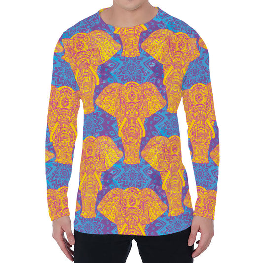 Yellow Mandala Elephant Pattern Print Men's Long Sleeve T-Shirt