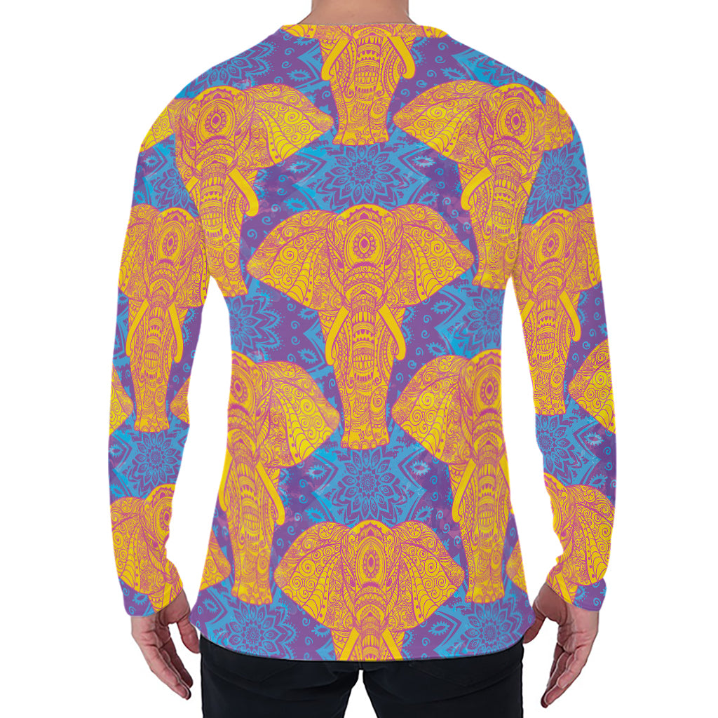 Yellow Mandala Elephant Pattern Print Men's Long Sleeve T-Shirt