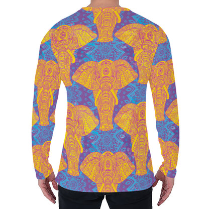Yellow Mandala Elephant Pattern Print Men's Long Sleeve T-Shirt