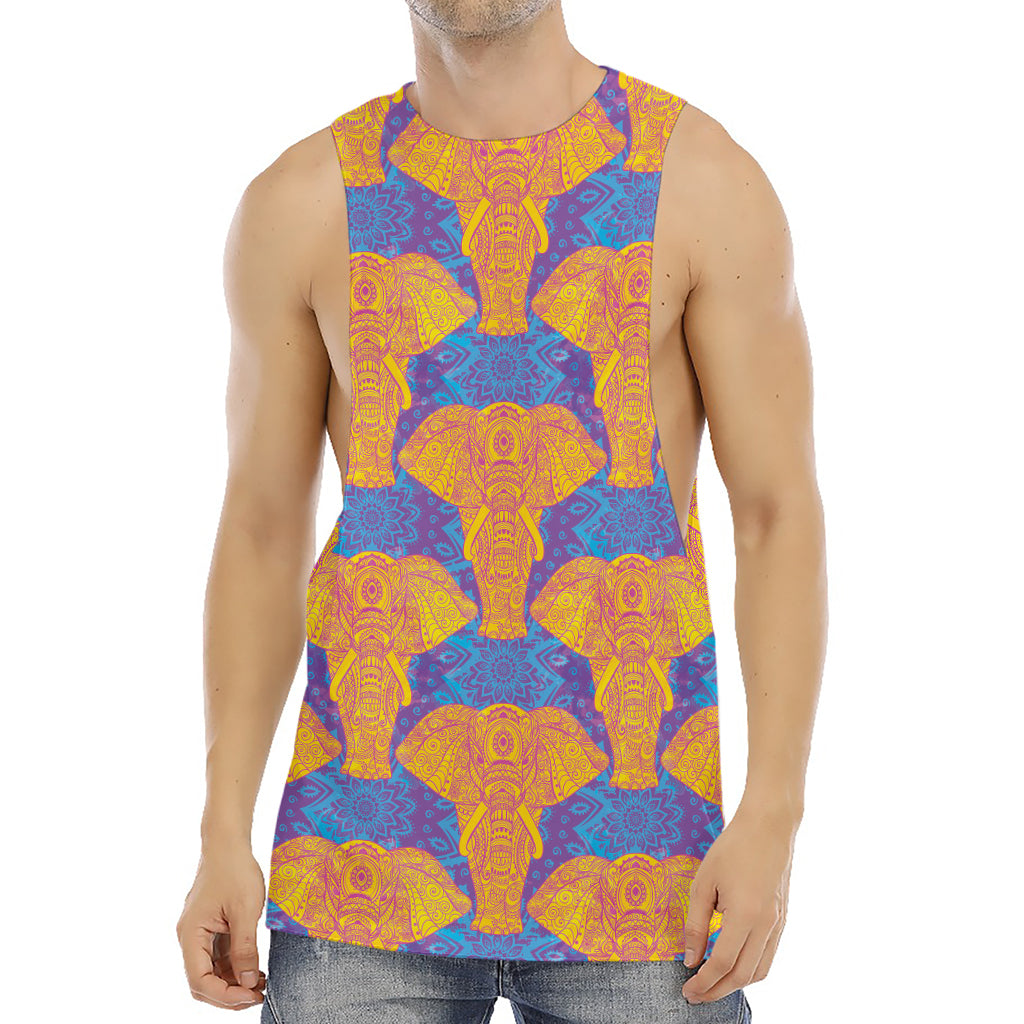 Yellow Mandala Elephant Pattern Print Men's Muscle Tank Top