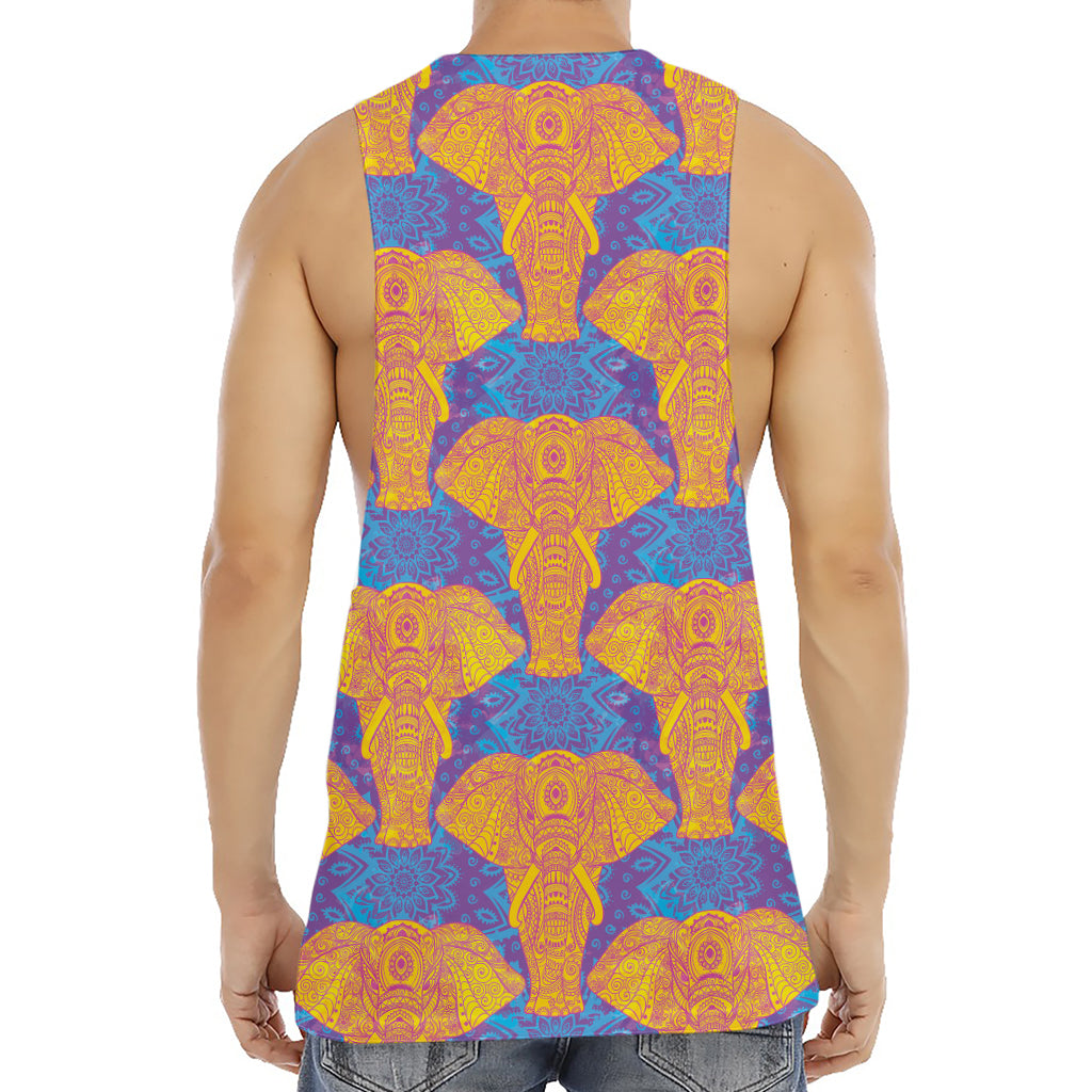 Yellow Mandala Elephant Pattern Print Men's Muscle Tank Top