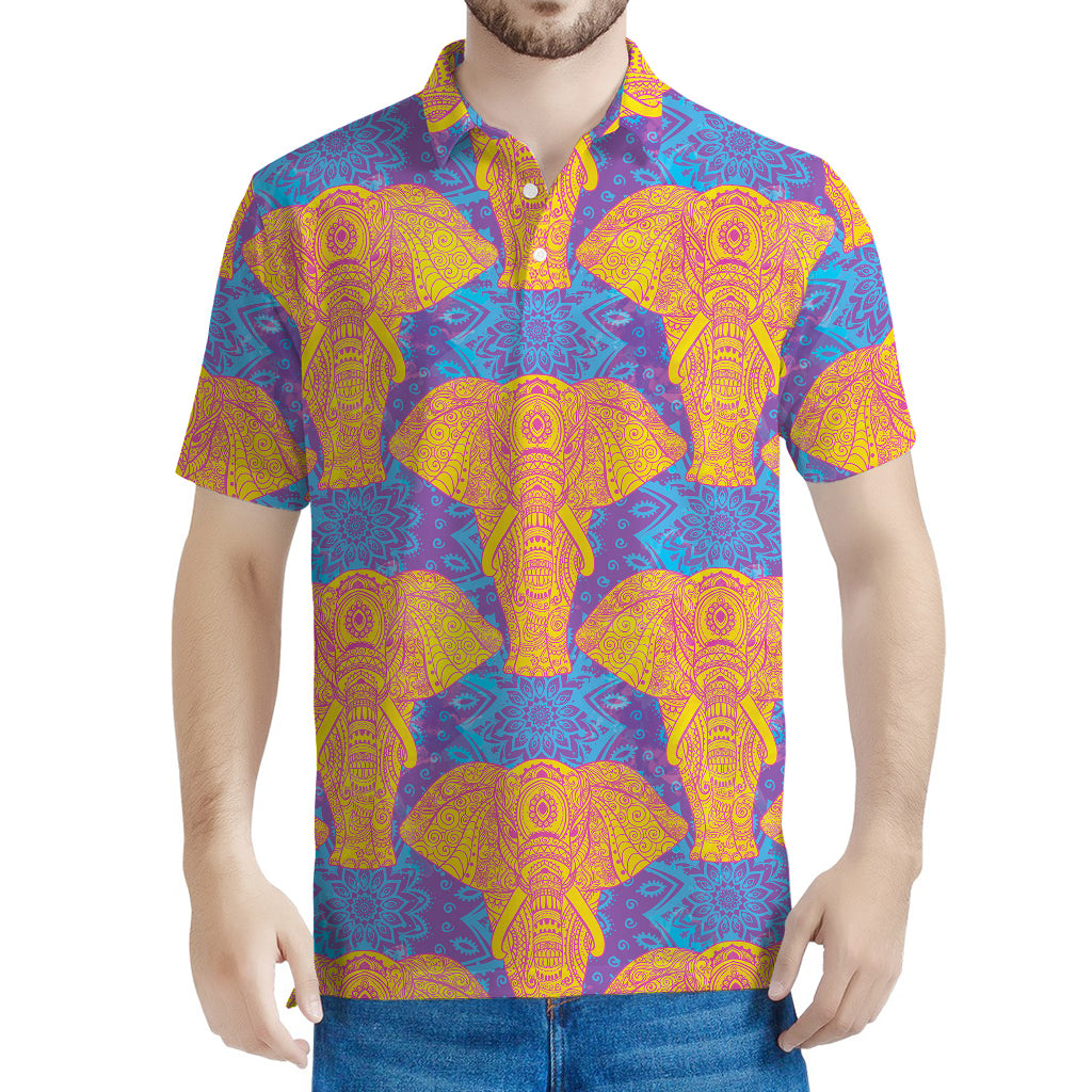 Yellow Mandala Elephant Pattern Print Men's Polo Shirt