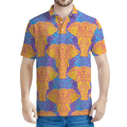 Yellow Mandala Elephant Pattern Print Men's Polo Shirt