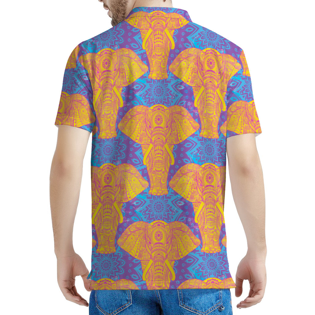 Yellow Mandala Elephant Pattern Print Men's Polo Shirt