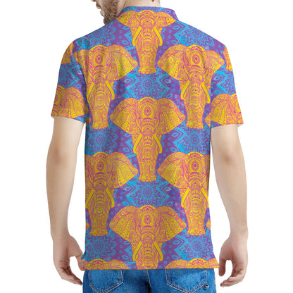 Yellow Mandala Elephant Pattern Print Men's Polo Shirt
