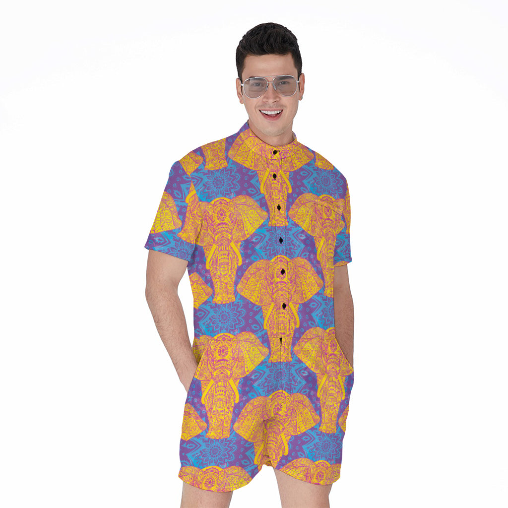 Yellow Mandala Elephant Pattern Print Men's Rompers