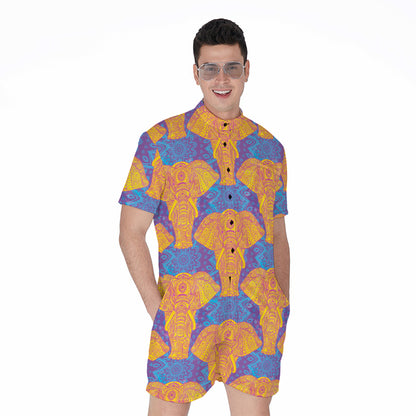 Yellow Mandala Elephant Pattern Print Men's Rompers