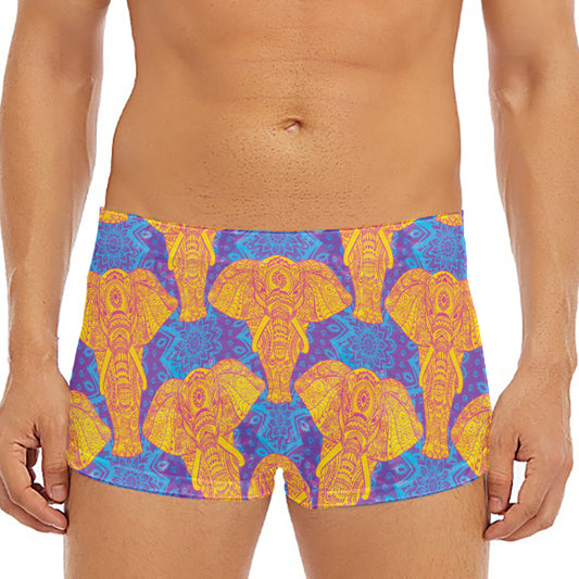 Yellow Mandala Elephant Pattern Print Men's Short Boxer Briefs