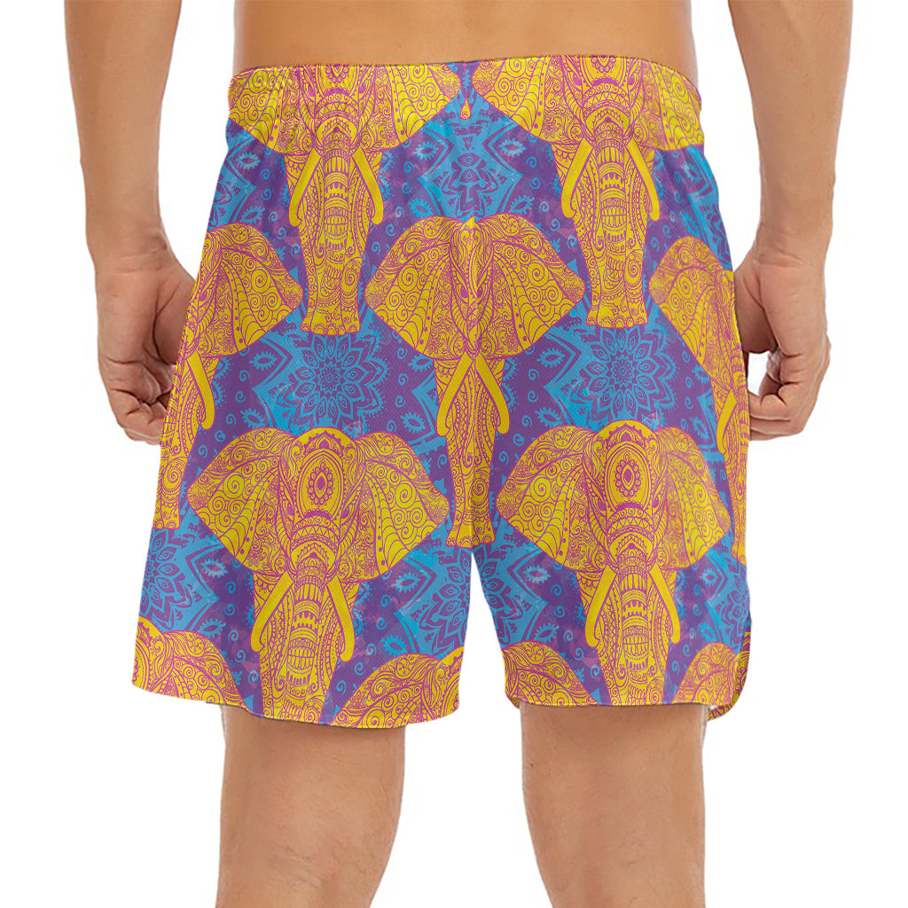 Yellow Mandala Elephant Pattern Print Men's Split Running Shorts