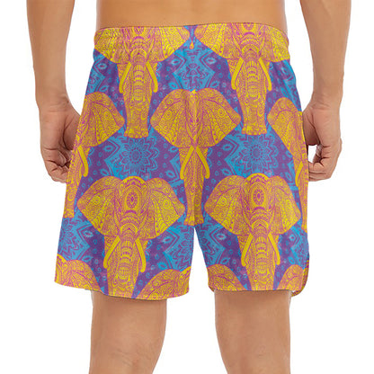 Yellow Mandala Elephant Pattern Print Men's Split Running Shorts