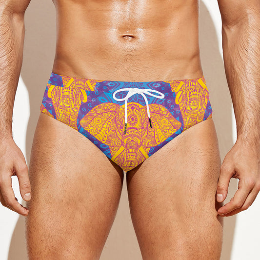 Yellow Mandala Elephant Pattern Print Men's Swim Briefs