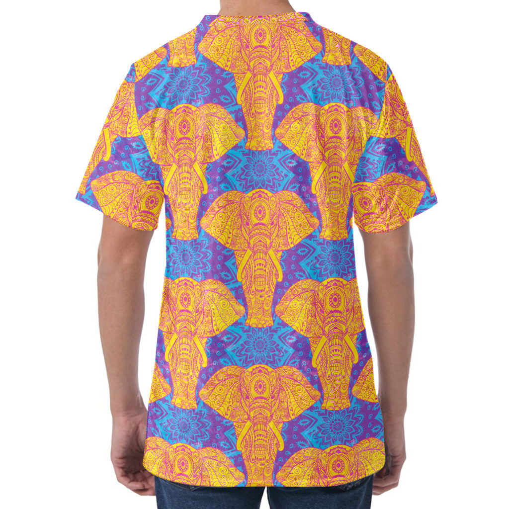 Yellow Mandala Elephant Pattern Print Men's Velvet T-Shirt