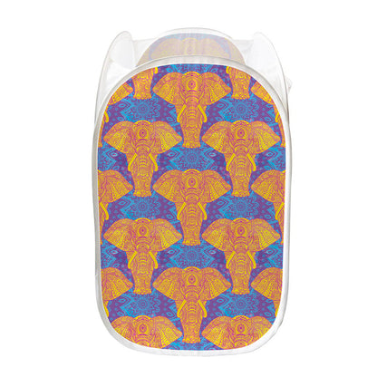 Yellow Mandala Elephant Pattern Print Mesh Laundry Hamper