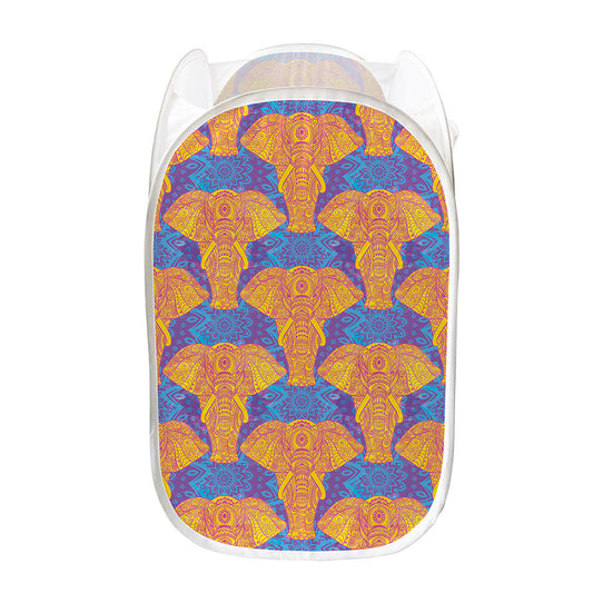 Yellow Mandala Elephant Pattern Print Mesh Laundry Hamper