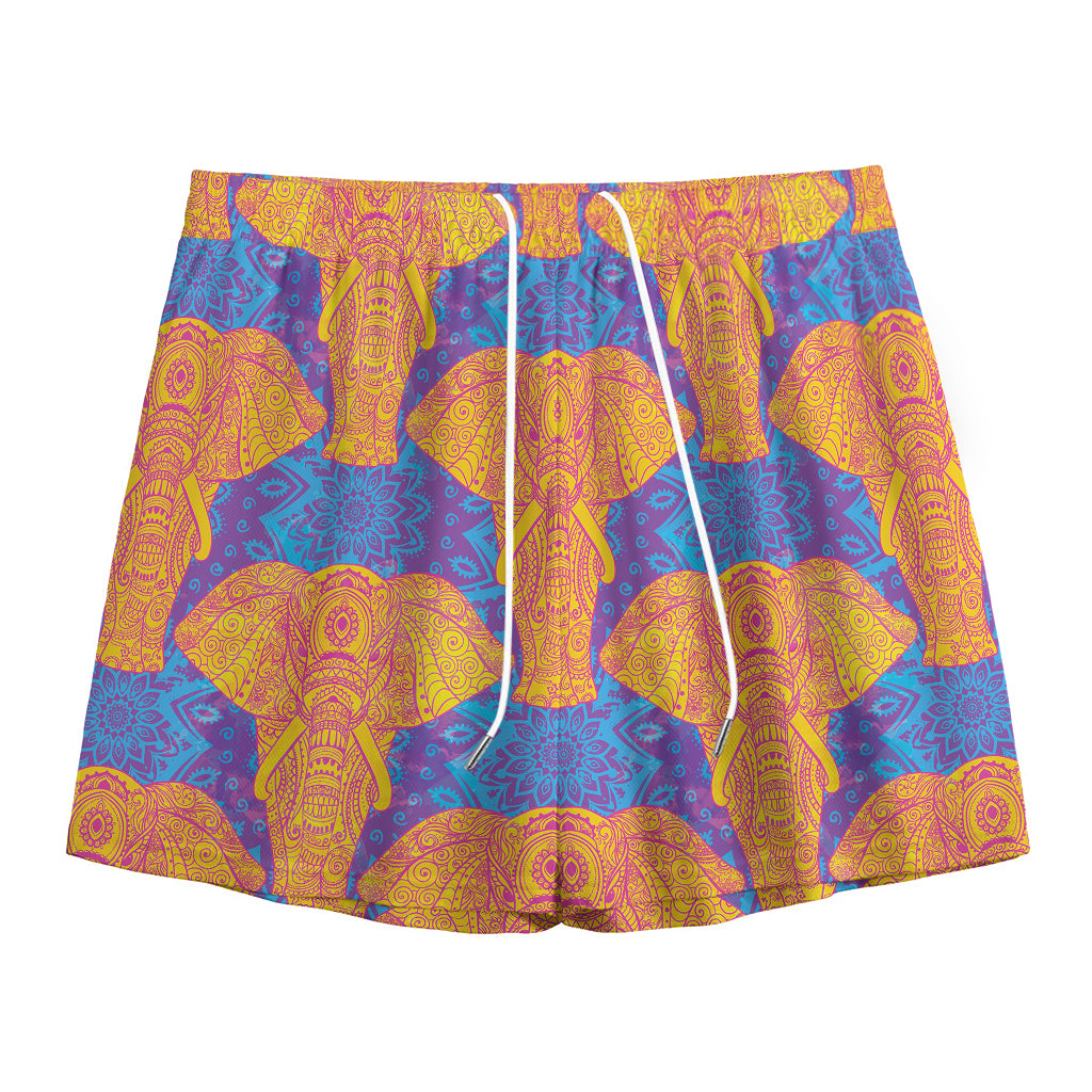 Yellow Mandala Elephant Pattern Print Mesh Shorts