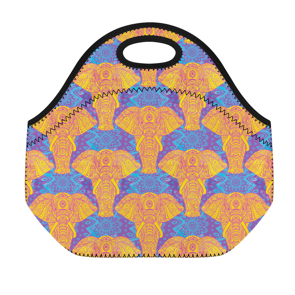 Yellow Mandala Elephant Pattern Print Neoprene Lunch Bag