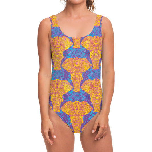 Yellow Mandala Elephant Pattern Print One Piece Swimsuit