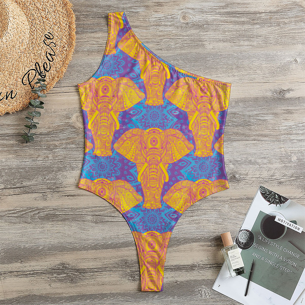 Yellow Mandala Elephant Pattern Print One Shoulder Bodysuit