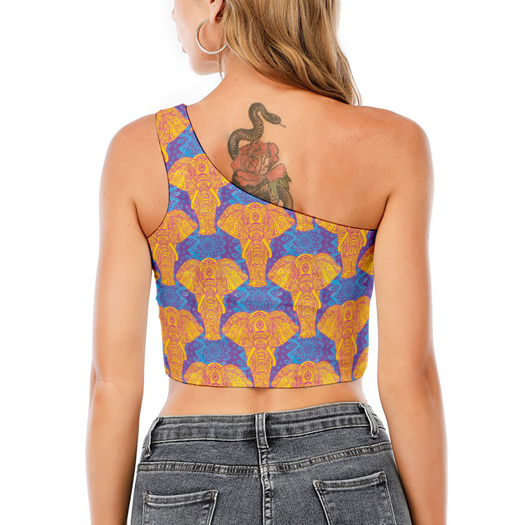 Yellow Mandala Elephant Pattern Print One Shoulder Crop Top