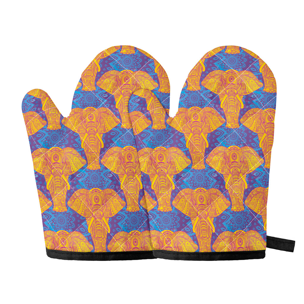 Yellow Mandala Elephant Pattern Print Oven Mitts