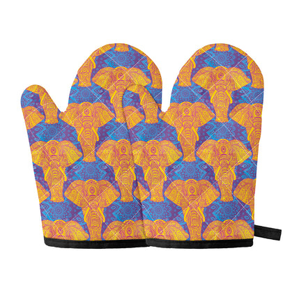 Yellow Mandala Elephant Pattern Print Oven Mitts