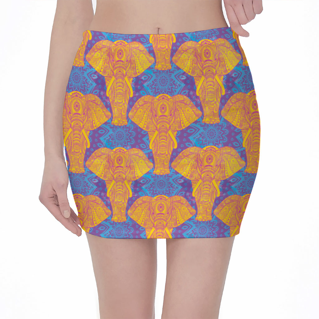 Yellow Mandala Elephant Pattern Print Pencil Mini Skirt