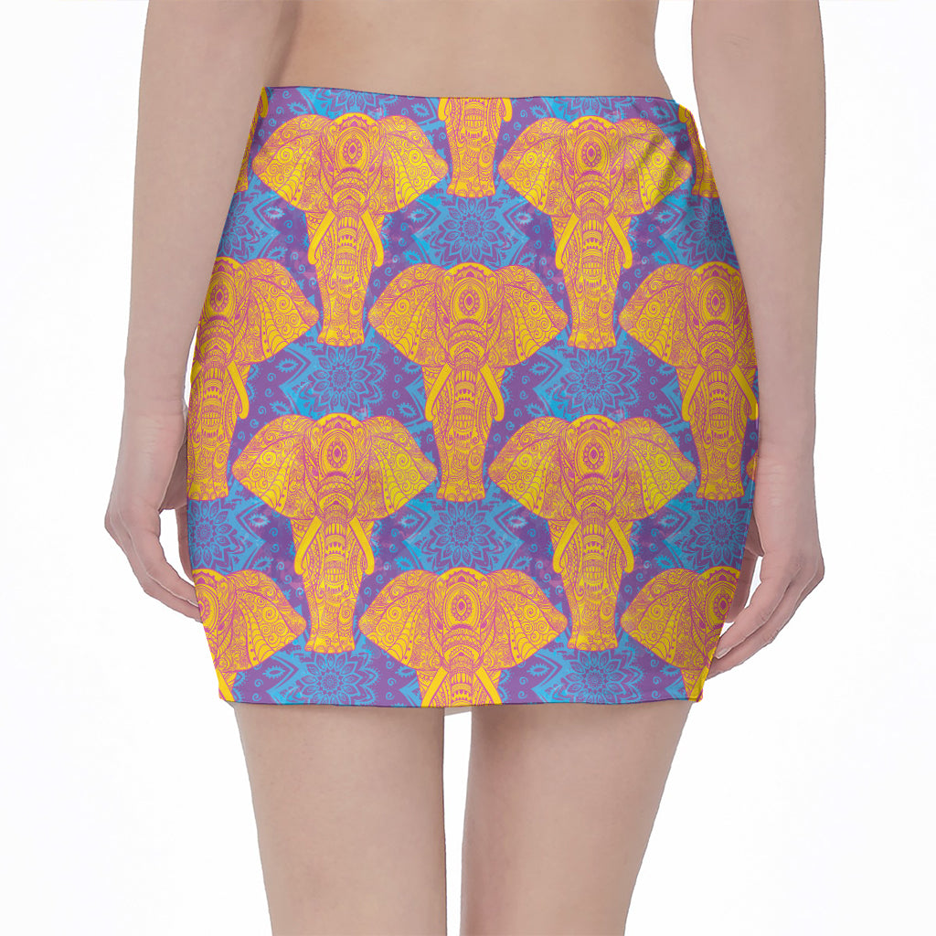 Yellow Mandala Elephant Pattern Print Pencil Mini Skirt