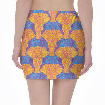 Yellow Mandala Elephant Pattern Print Pencil Mini Skirt