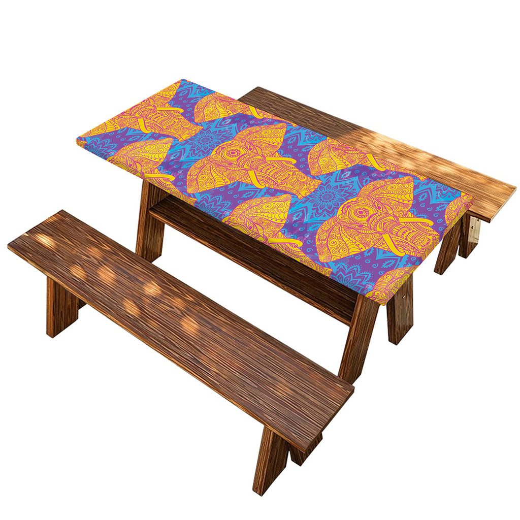Yellow Mandala Elephant Pattern Print Picnic Table Cover