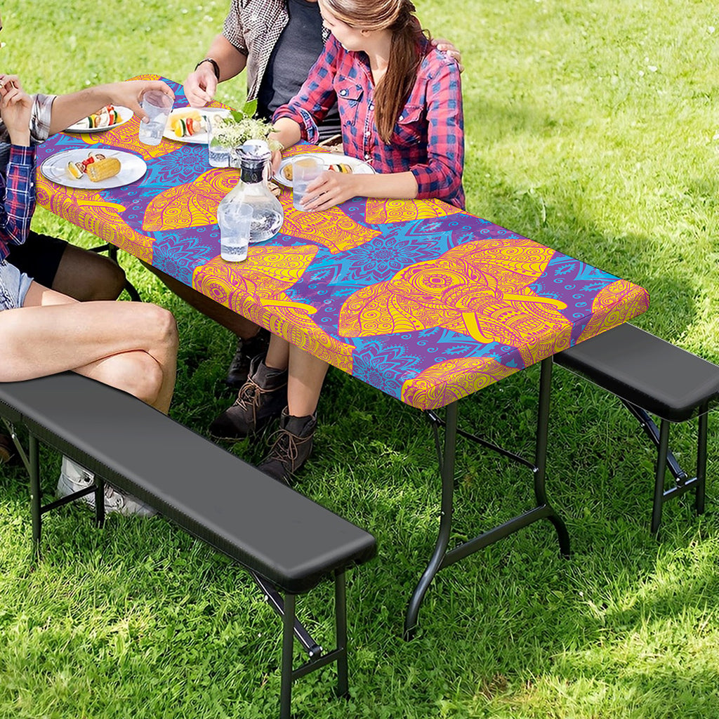Yellow Mandala Elephant Pattern Print Picnic Table Cover