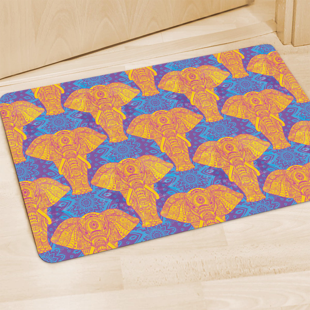 Yellow Mandala Elephant Pattern Print Polyester Doormat
