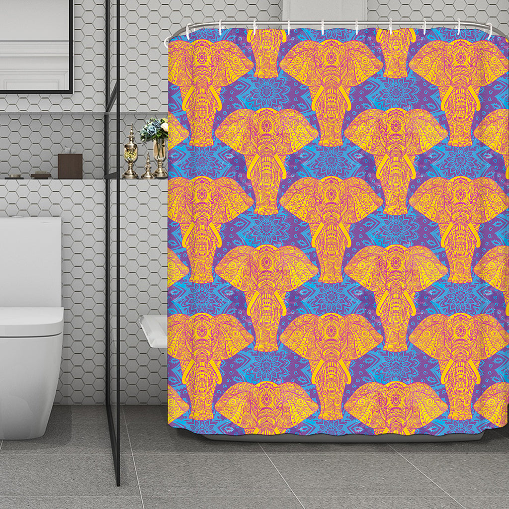 Yellow Mandala Elephant Pattern Print Polyester Shower Curtain