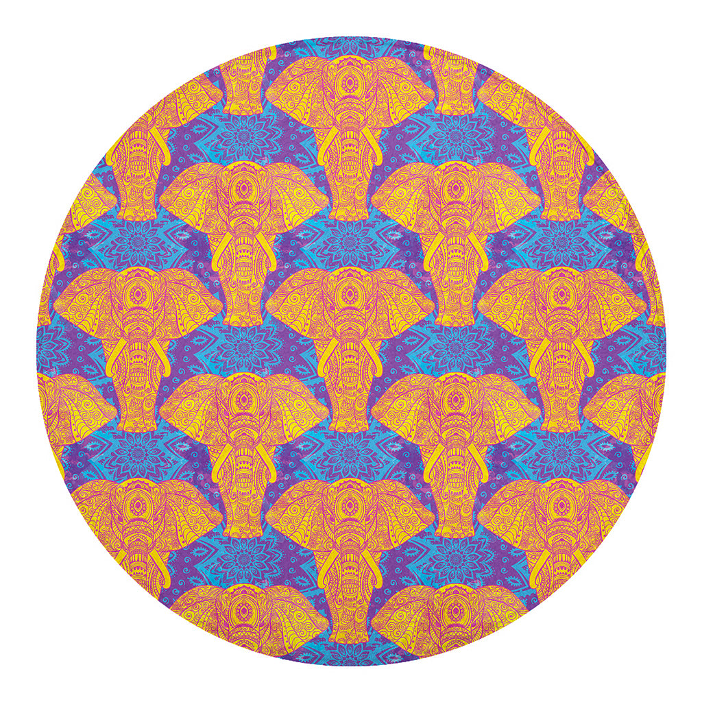 Yellow Mandala Elephant Pattern Print Round Blanket
