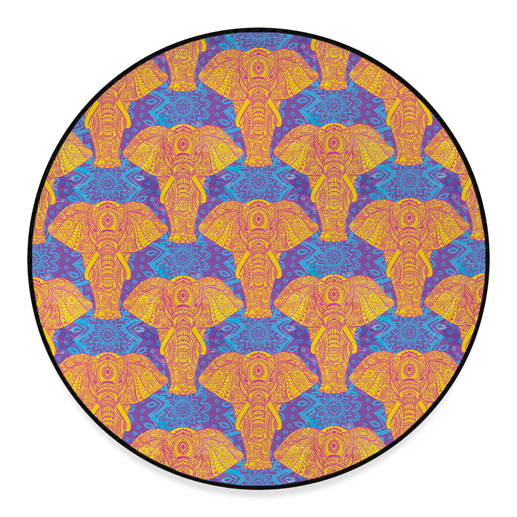 Yellow Mandala Elephant Pattern Print Round Floor Mat