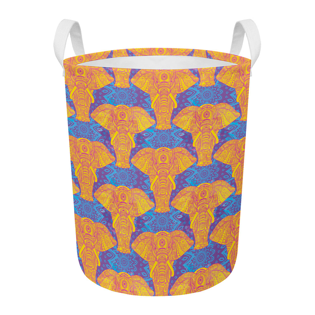 Yellow Mandala Elephant Pattern Print Round Laundry Basket