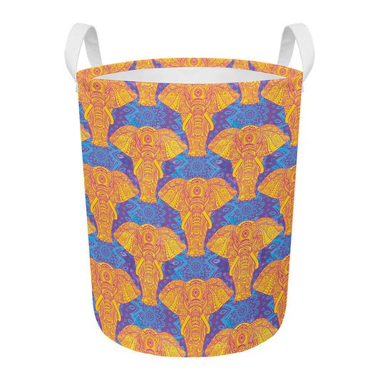 Yellow Mandala Elephant Pattern Print Round Laundry Basket
