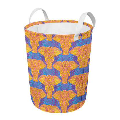 Yellow Mandala Elephant Pattern Print Round Laundry Basket